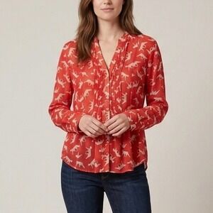 Maeve Anthropologie Red White Cheetah Animal Print Pintuck Cotton Blouse Size 10